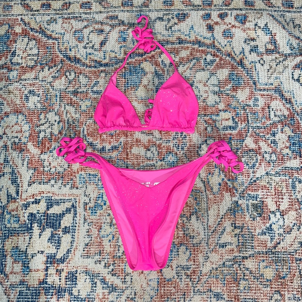 Frankie’s Bikinis x Naomi Osaka Pink Glitter Bikini Set Top SZ S Bottoms SZ XS